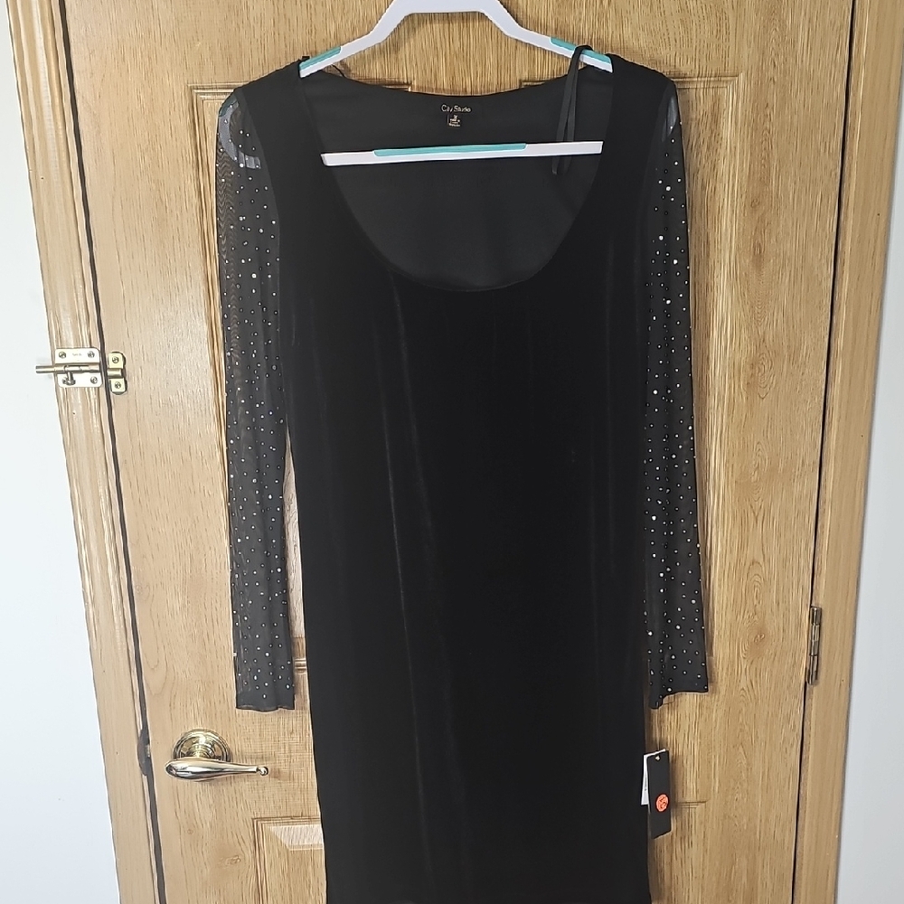 Black Dress with Sheer Sparkling Sleeves runs small